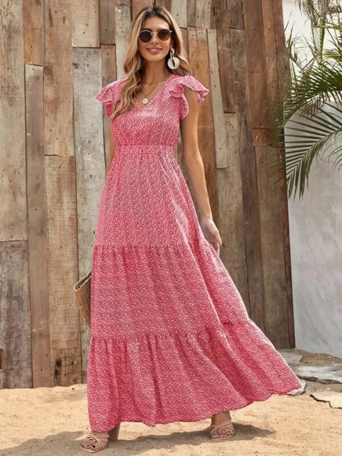 printed-v-neck-ruffled-cap-sleeve-maxi-dress OhSoStyled - Sophia's Style in Gray-9